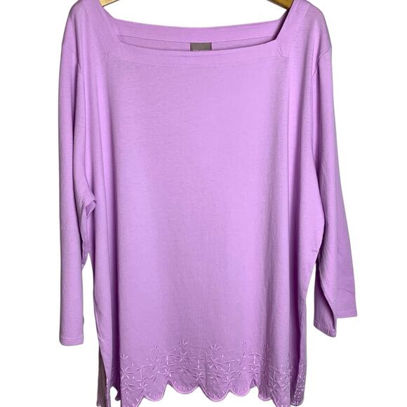 Chico's Top NWT Size 4 (2X) Eyelet 3/4 Sleeve Square Neck Scalloped Orchid - Picture 2 of 7